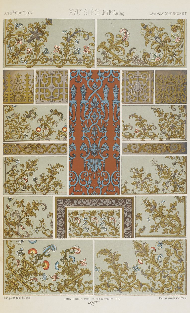 XVII vuosisata, levy 78 teoksesta "Polychromatic Ornament: Sata lautasta kultaa, hopeaa ja värejä" tekijältä Albert Charles August Racinet