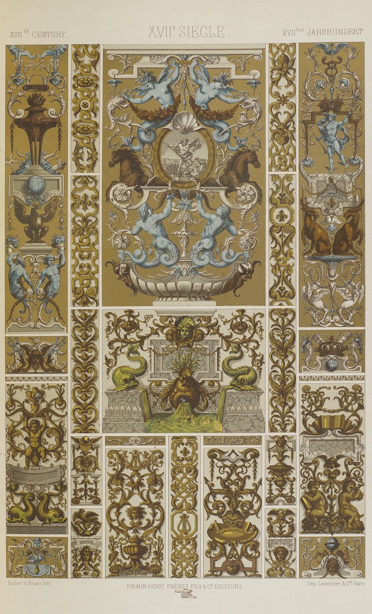 XVII vuosisata, levy 79 teoksesta "Polychromatic Ornament: Sata lautasta kultaa, hopeaa ja värejä" tekijältä Albert Charles August Racinet