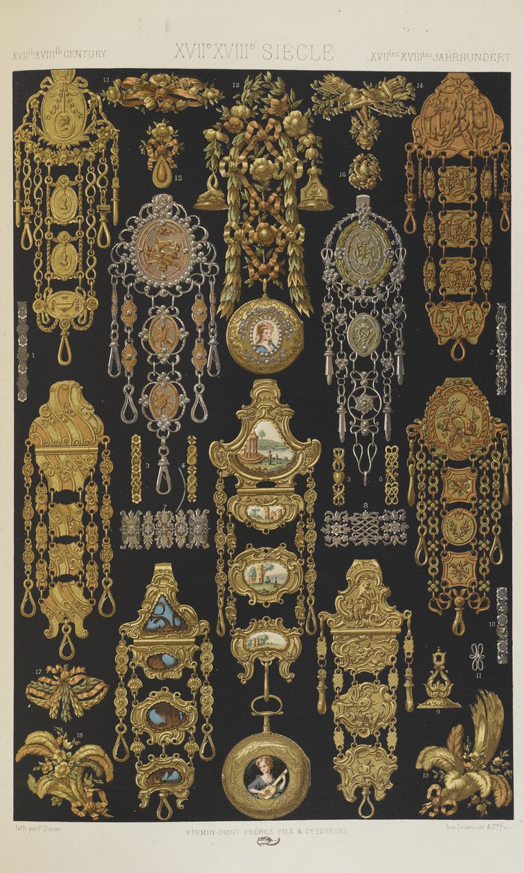 XVII ja XVIII vuosisadat, levy 94 teoksesta "Polychromatic Ornament: Sata lautasta kultaa, hopeaa ja värejä" tekijältä Albert Charles August Racinet