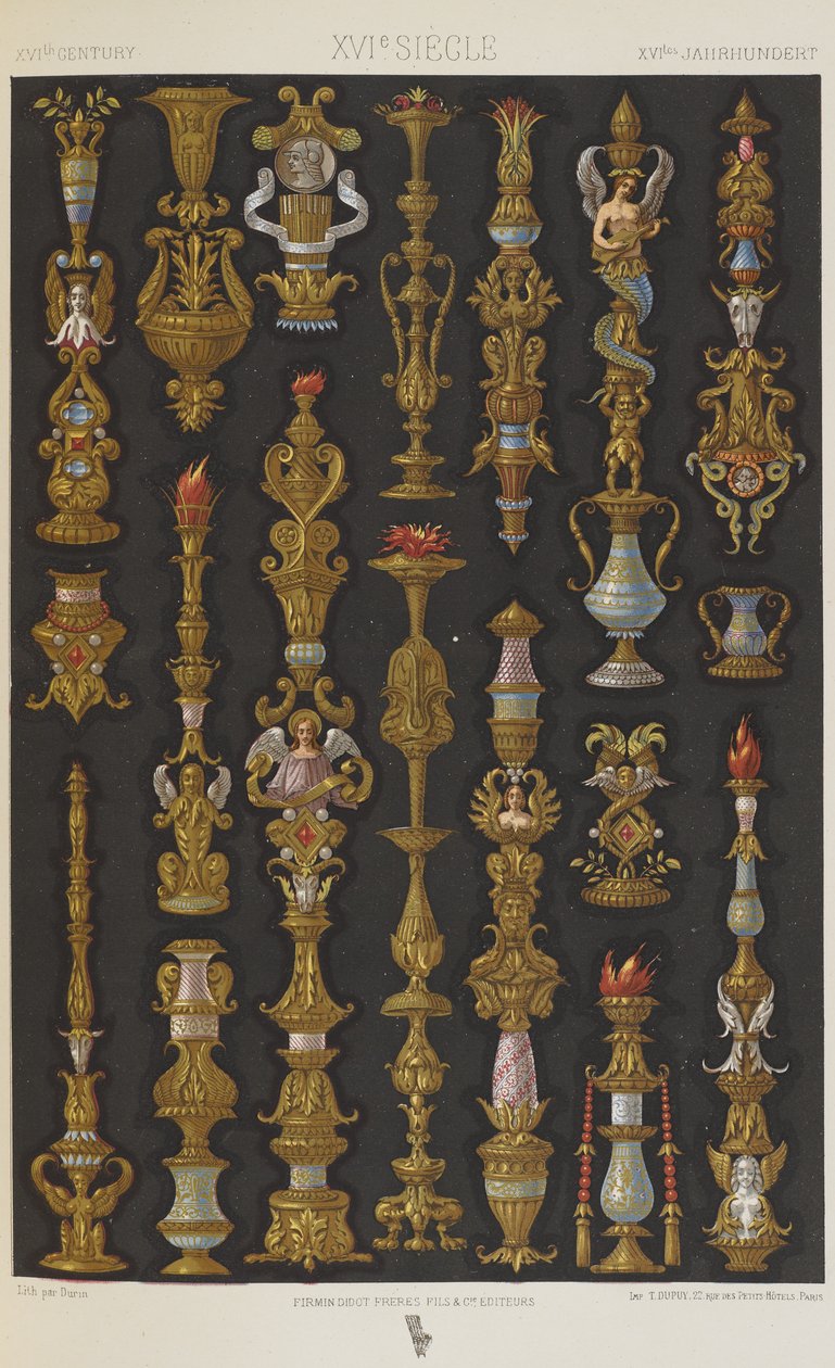 XVI vuosisata, levy 64 teoksesta "Polychromatic Ornament: Sata lautasta kultaa, hopeaa ja värejä" tekijältä Albert Charles August Racinet