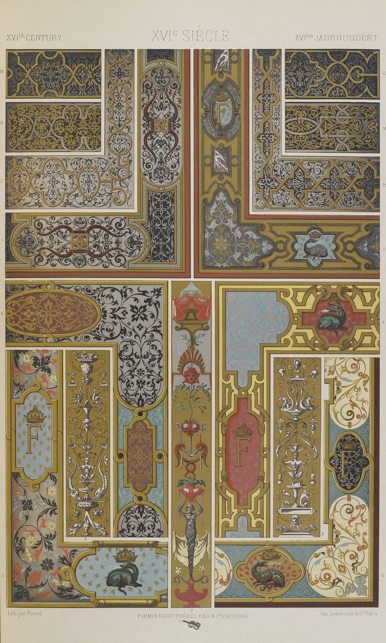 XVI vuosisata, levy 70 teoksesta "Polychromatic Ornament: Sata lautasta kultaa, hopeaa ja värejä" tekijältä Albert Charles August Racinet