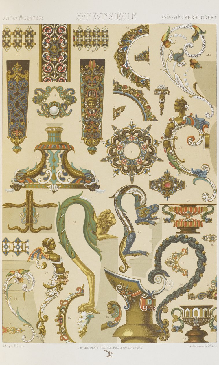 XVI ja XVII vuosisadat, levy 62 teoksesta "Polychromatic Ornament: Sata lautasta kultaa, hopeaa ja värejä" tekijältä Albert Charles August Racinet