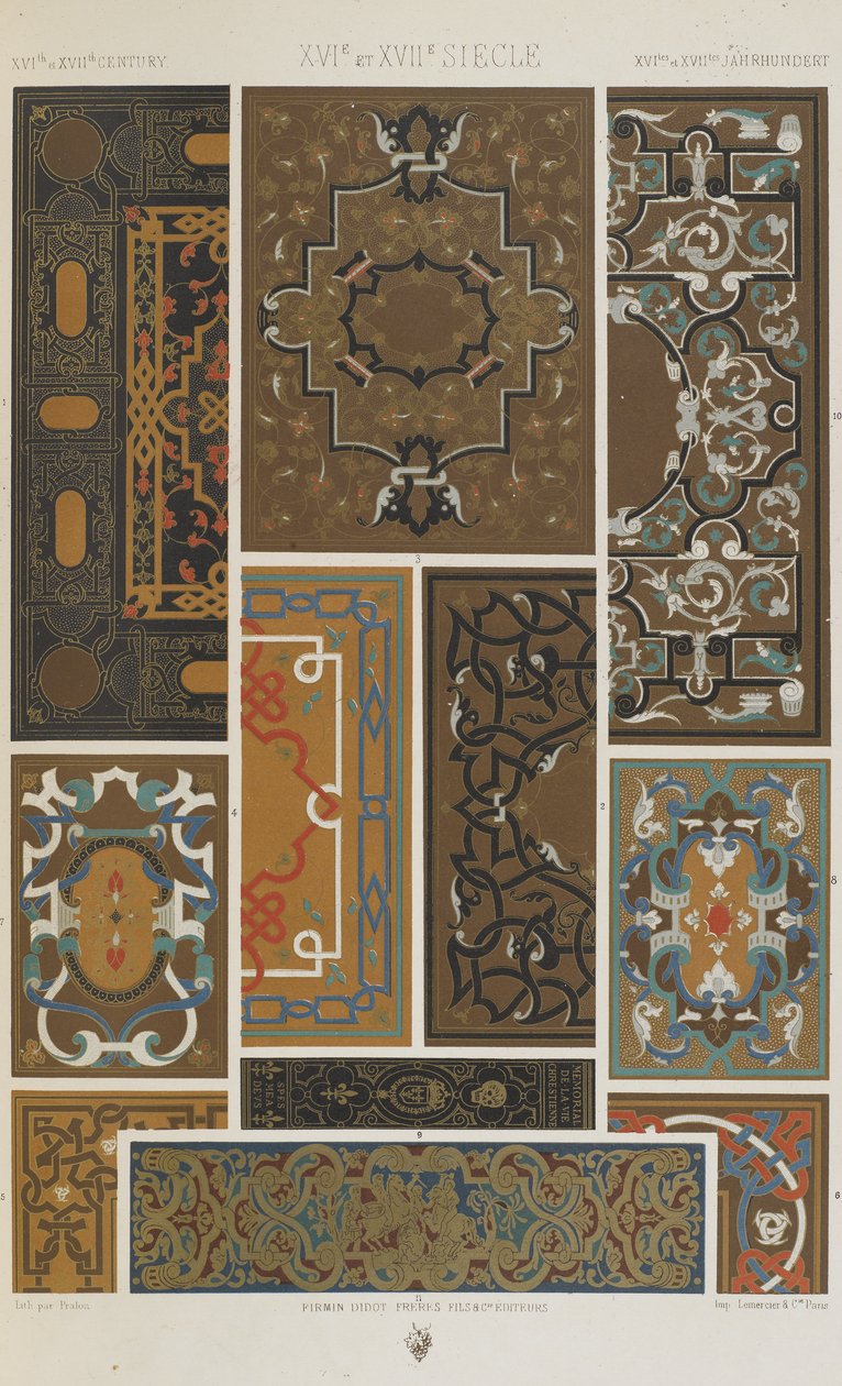 XVI ja XVII vuosisadat, levy 69 teoksesta "Polychromatic Ornament: Sata lautasta kultaa, hopeaa ja värejä" tekijältä Albert Charles August Racinet