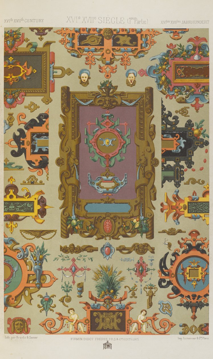 XVI ja XVII vuosisadat, levy 72 teoksesta "Polychromatic Ornament: Sata lautasta kultaa, hopeaa ja värejä" tekijältä Albert Charles August Racinet