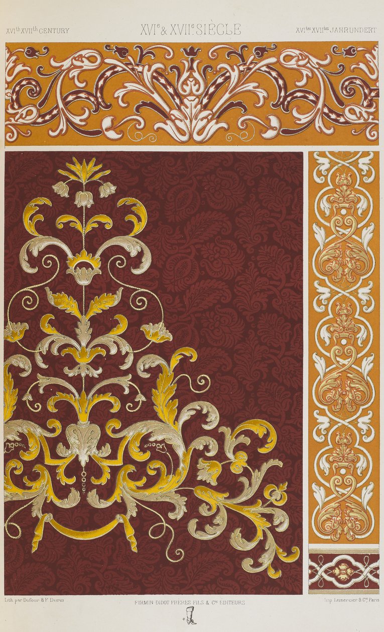 XVI ja XVII vuosisadat, levy 73 teoksesta "Polychromatic Ornament: Sata lautasta kultaa, hopeaa ja värejä" tekijältä Albert Charles August Racinet
