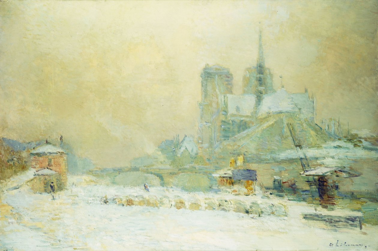Näkymä Pariisin Notre Dameen Quai de la Tournellesta: Lumiefekti; Notre Dame de Paris, Näkymä Quai de la Tournellesta, Lumiefekti, tekijältä Albert Charles Lebourg