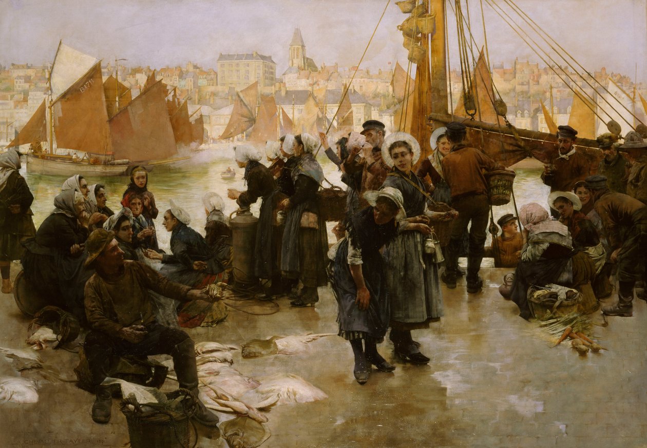 Kalastuslaivaston lähtö, Boulogne, 1891 tekijältä Albert Chevallier Tayler