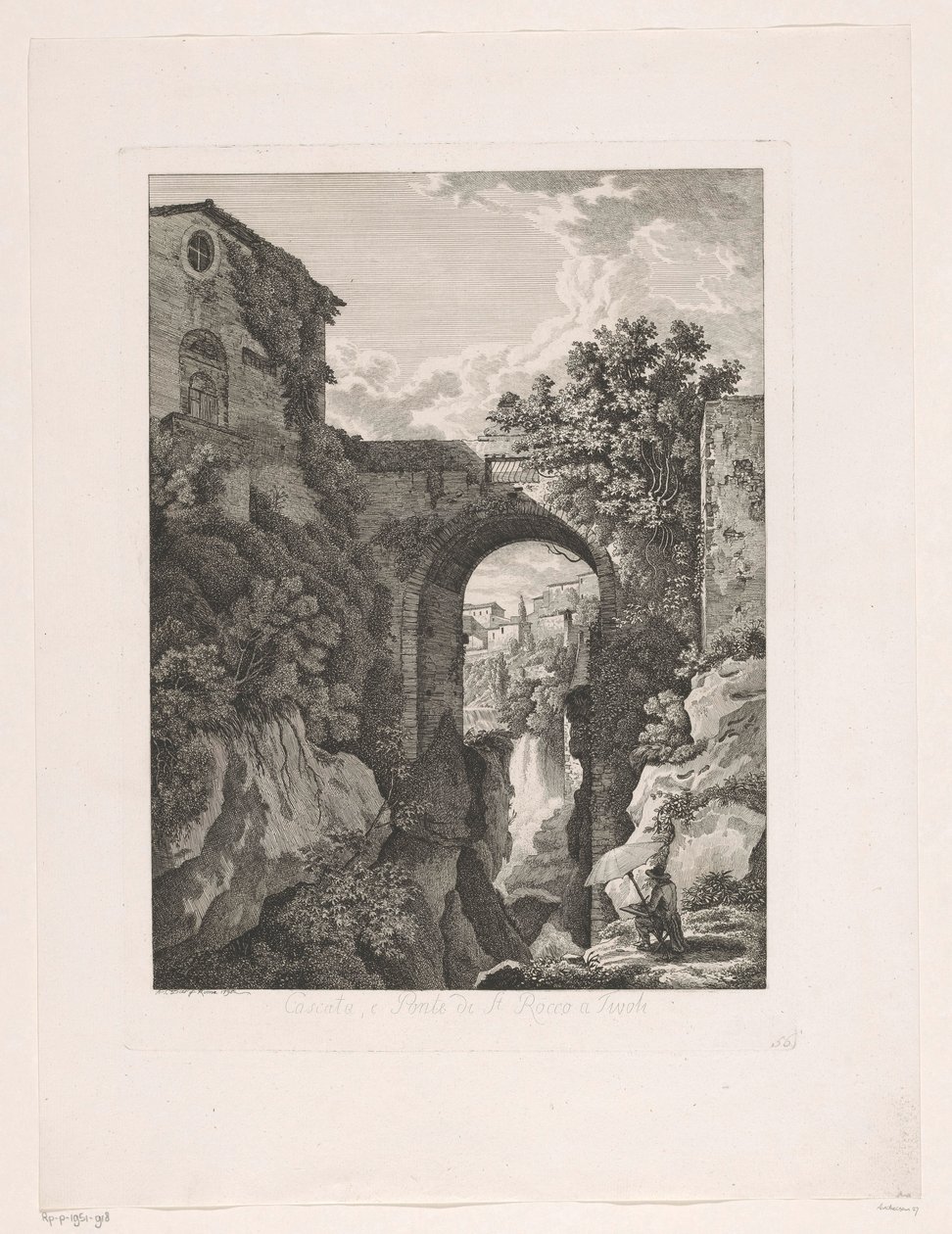 Vesiputous lähellä San Roccon siltaa Tivolissa Cascata, e Ponte di St. Rocco a Tivoli (otsikko esineessä) Kuvankauniita kaiverrettuja esitteitä Italiasta (sarjan nimi) tekijältä Albert Christoph Dies