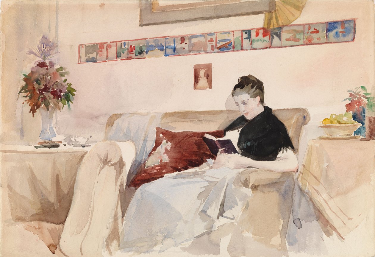 Taiteilijan vaimo lukee sohvalla tekijältä Albert Edelfelt