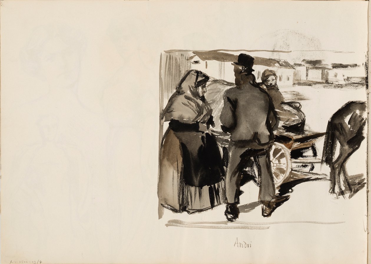 Hevoskärryt, kolme henkilöä tekijältä Albert Edelfelt