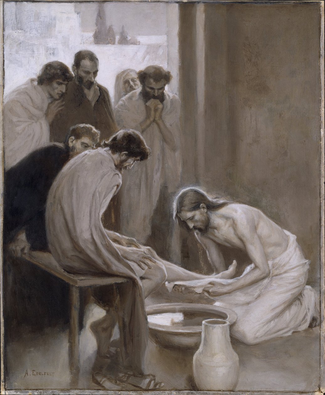 Jeesus pesee opetuslastensa jalat tekijältä Albert Edelfelt
