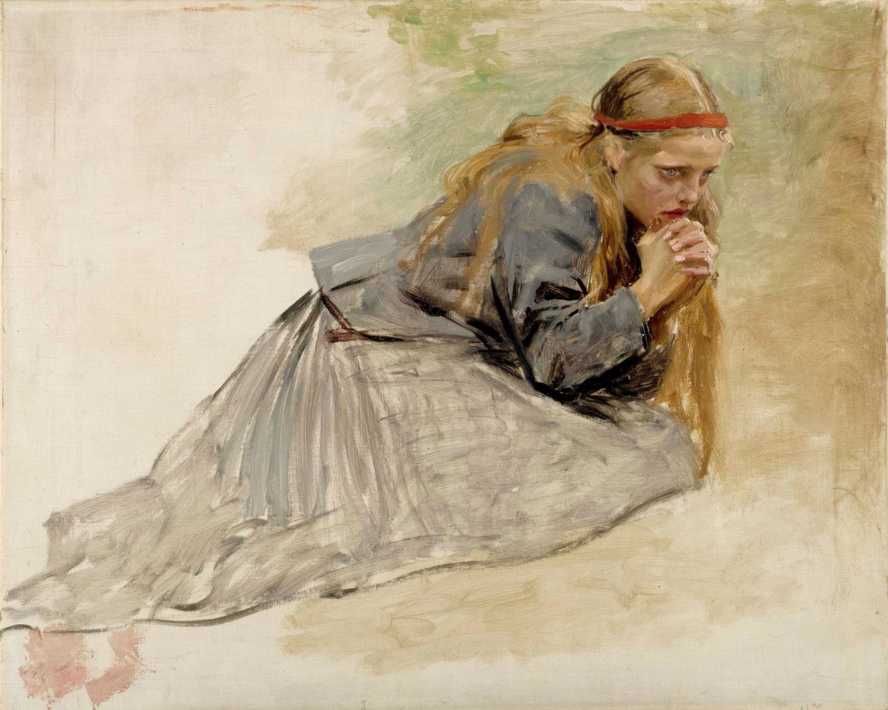 Polvistuva Maria Magdaleena, luonnos teokseen ”Kristus ja Maria Magdaleena” tekijältä Albert Edelfelt