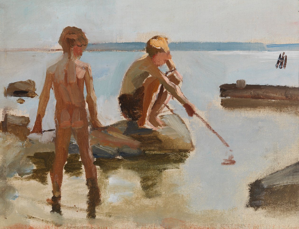 Luonnos pojista, jotka leikkivät rannalla tekijältä Albert Edelfelt