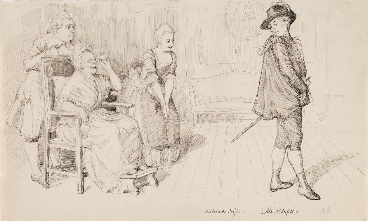 "Uusi ruotsalainen puku", kuvitus Carl Snoilskyn Svenska bilder -teokseen, runoon "Neljäkymmentä vuotta myöhemmin" tekijältä Albert Edelfelt