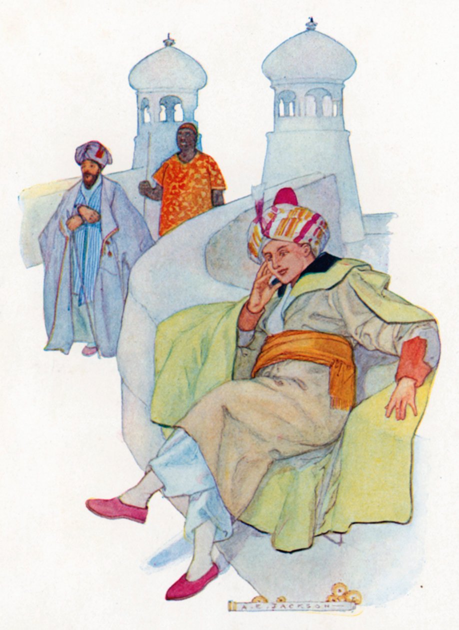 Abov Hassan istui sillalla (värilitografia). tekijältä Albert Edward Jackson