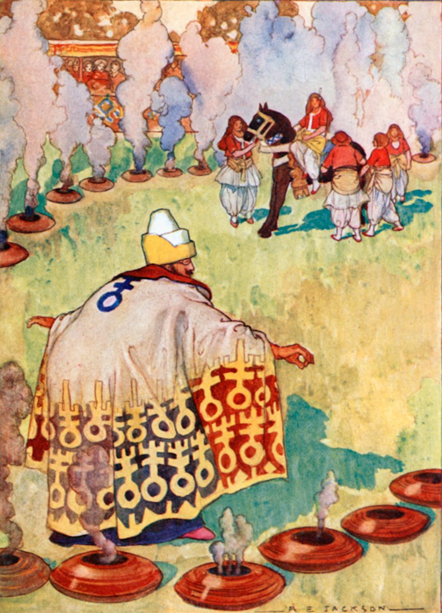 Heittäkää kourallinen suitsukkeita tulisijaan (värilitografia) tekijältä Albert Edward Jackson