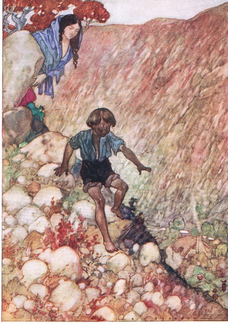 Hän meni alas kuin urhea pieni mies sellaisenaan, The Water Babies -pubista. Humphrey Milford Oxford University Press, n. 1930 (väri litho) tekijältä Albert Edward Jackson