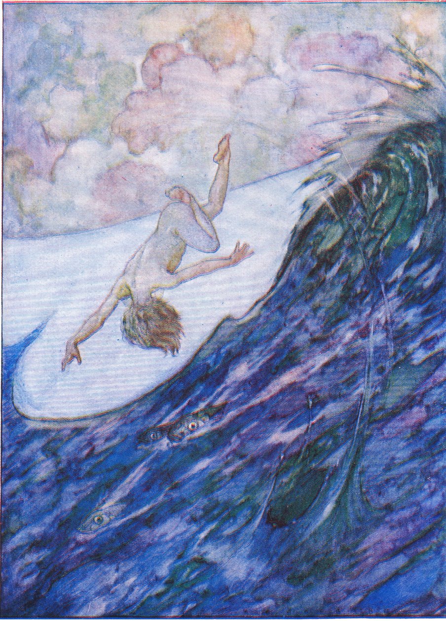 Hän antoi kolme alusta vedestä, jaardin korkeita, ja pään yli, The Water Babies -pubista. Humphrey Milford Oxford University Press, n. 1930 (väri litho) tekijältä Albert Edward Jackson