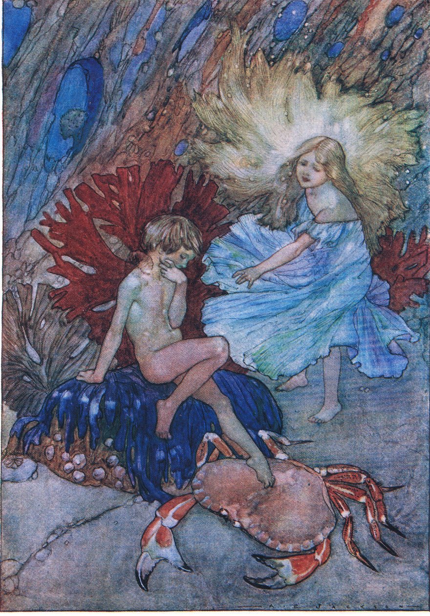 "Ei, älä tönäisi sitä köyhää rapua Tomista", The Water Babies -pubista, Humphrey Milford Oxford University Press, n. 1930 (värilitho) tekijältä Albert Edward Jackson