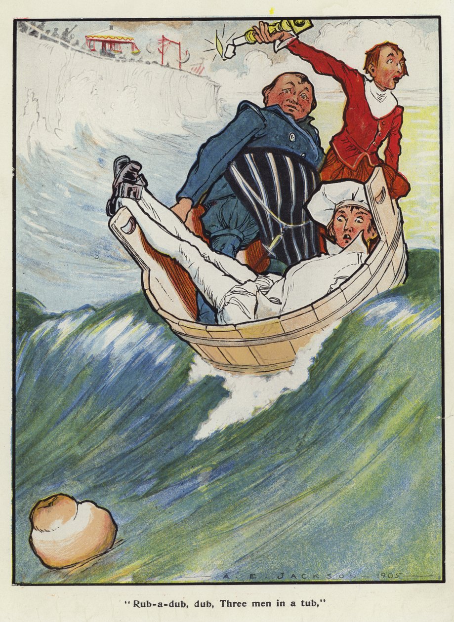 Rub-a-dub, dub, kolme miestä ammeessa (värilitografia). tekijältä Albert Edward Jackson