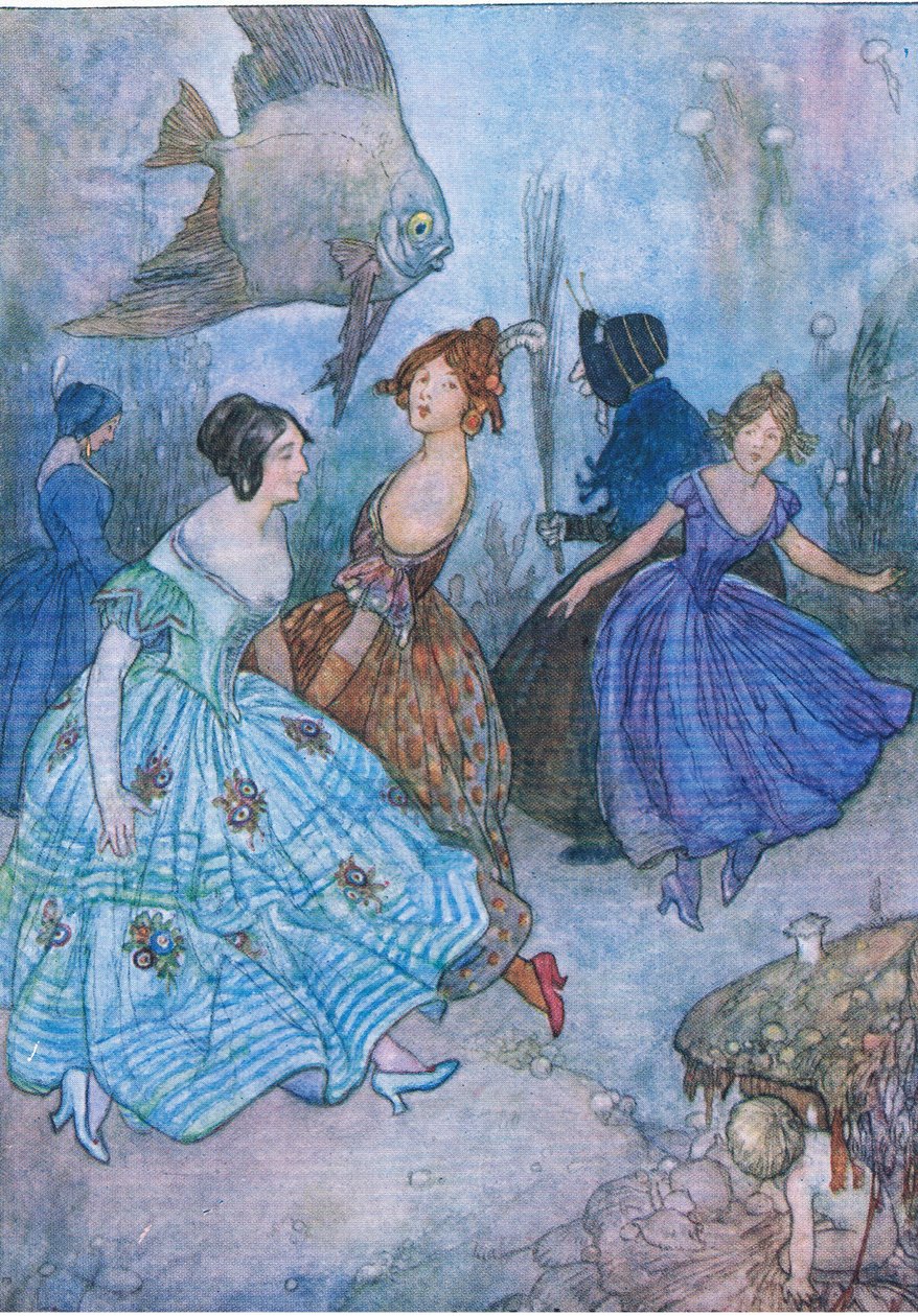 Hän pakkasi heidän huonot jalkansa hirvittävän tiukimpiin saappaisiin ja sai heidät tanssimaan, Humphrey Milford Oxford University Pressin The Water Babies -pubista, n. 1930 (värilitho) tekijältä Albert Edward Jackson