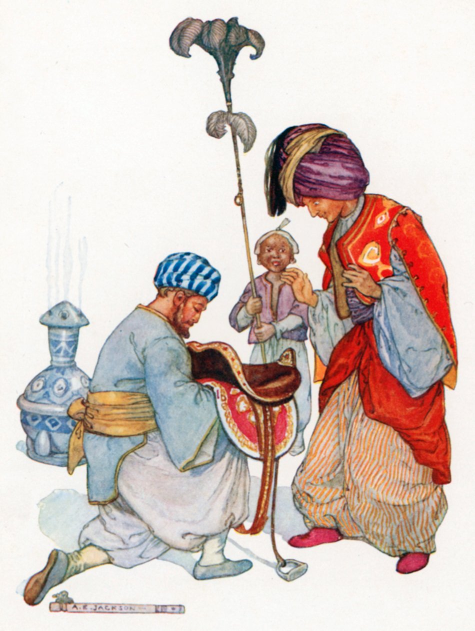 Sindbad esitteli heidät kuninkaalle (värilitografia) tekijältä Albert Edward Jackson
