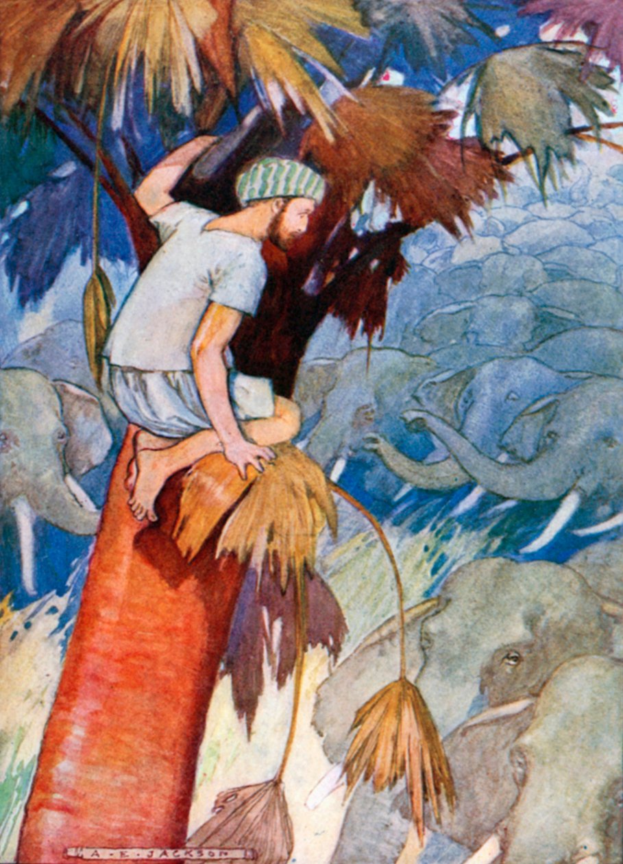 He lähestyivät puuta. "Elefantit lähestyivät puuta ja ympäröivät sen rungoillaan..." (värilitografia) tekijältä Albert Edward Jackson
