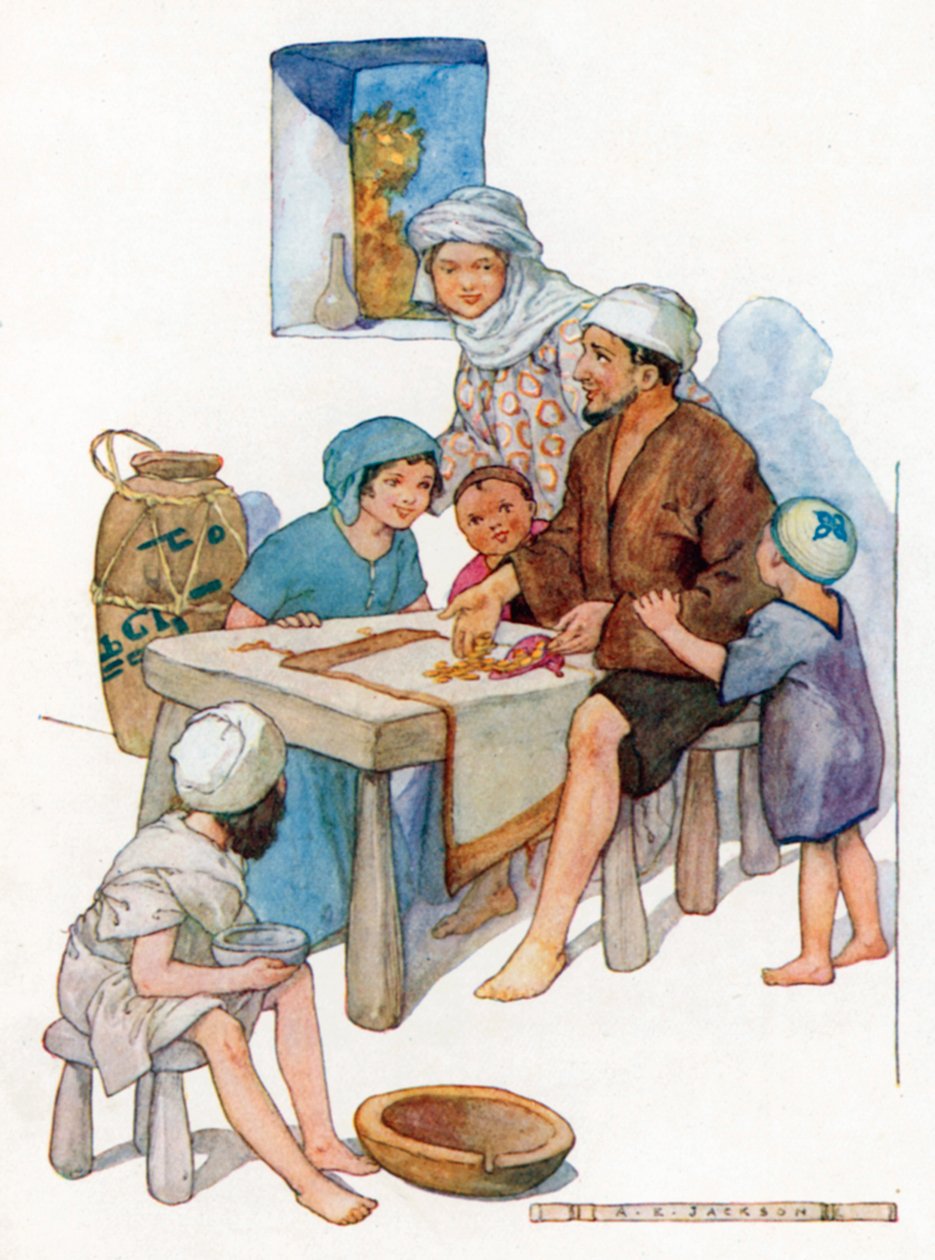 He kutsuivat monia siunauksia Sindbadin päähän (värilitografia). tekijältä Albert Edward Jackson