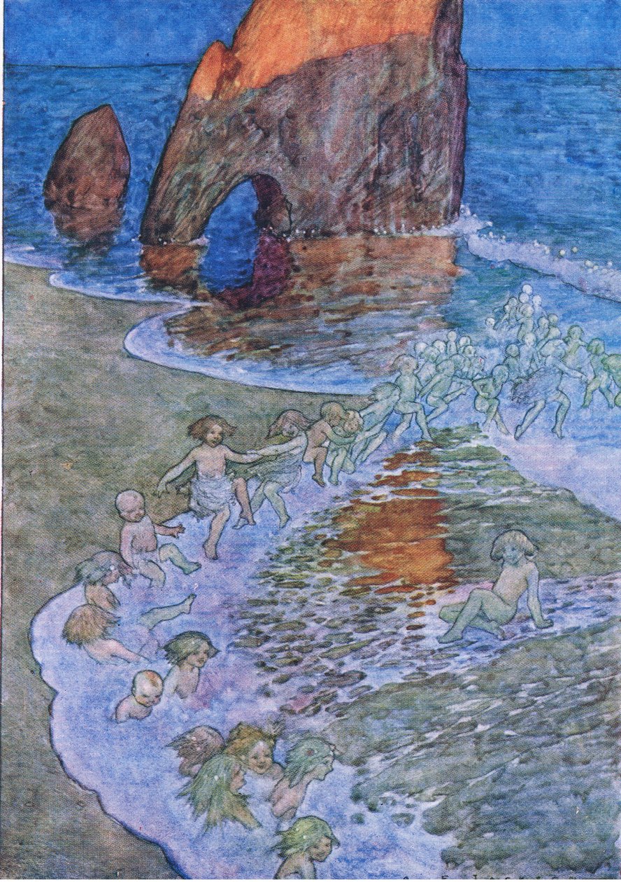He laittoivat hänet keskelle ja tanssivat hänen ympärillään, The Water Babies -pubista. Humphrey Milford Oxford University Press, n. 1930 (väri litho) tekijältä Albert Edward Jackson