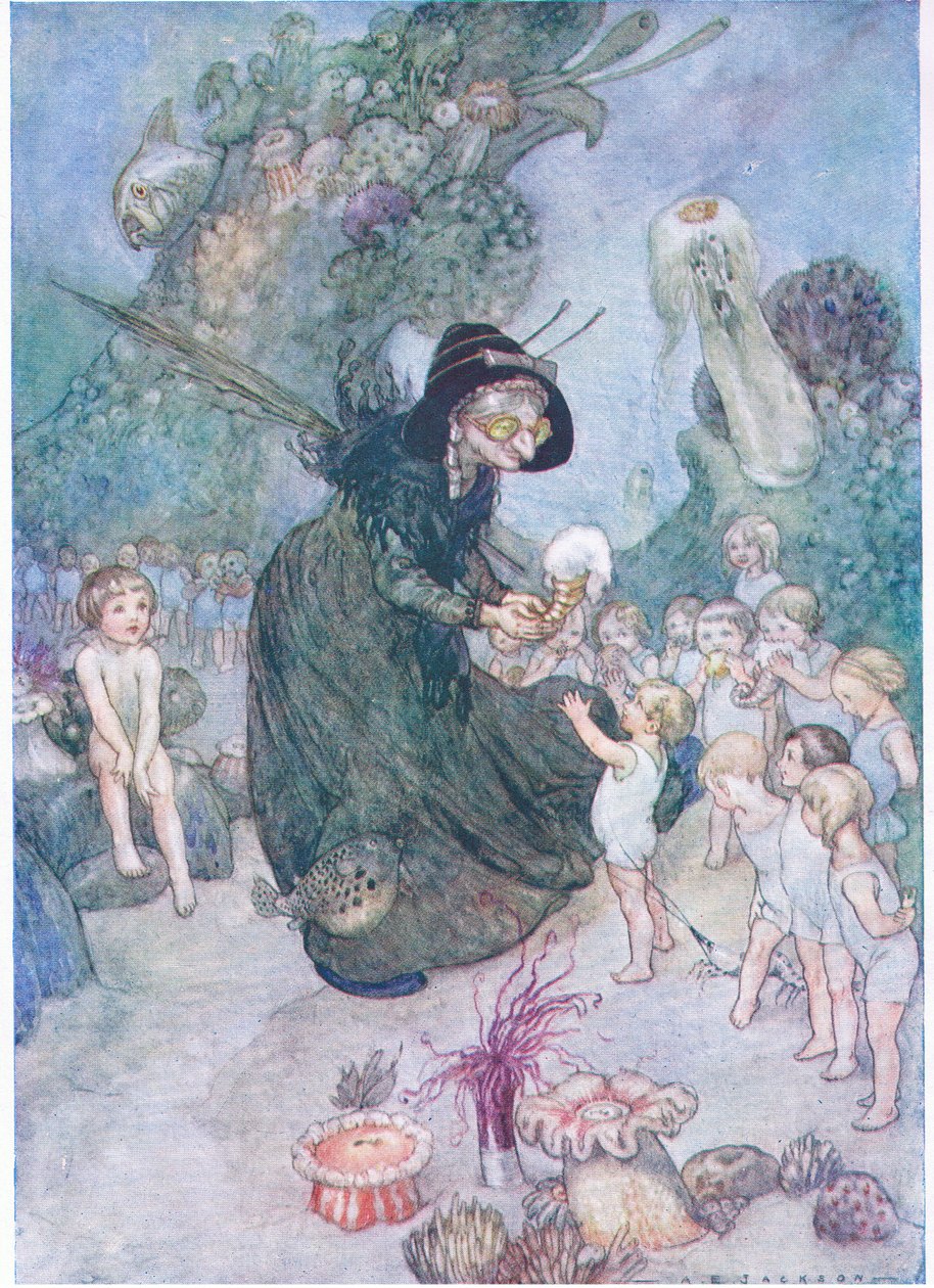 Tom katsoi kaikkien näiden suloisten esineiden luovuttamista suuhun asti, The Water Babies -pubista. Humphrey Milford Oxford University Press, n. 1930 (värilitho) tekijältä Albert Edward Jackson