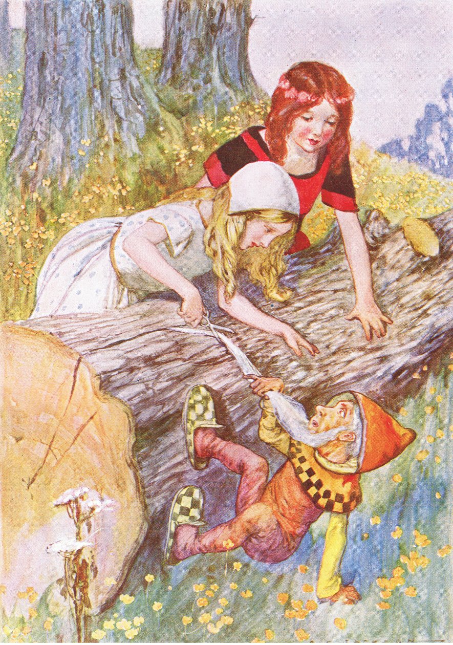Hän leikkasi erittäin huolellisesti pehmeän valkoisen parran (tarinasta Lumikki ja ruusunpunainen), kuvitus Thomas Nelson & Sons Ltd:n 1940-luvun A Staircase of Stories -julkaisusta (värilitho) tekijältä Albert Edward Jackson