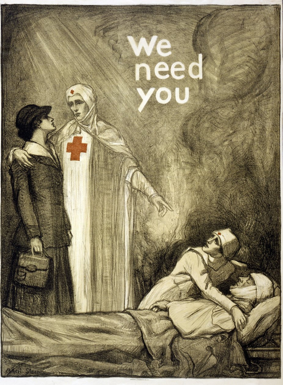 Punaisen Ristin rekrytointijuliste, "We Need You", pubi. 1918 (väri litho) tekijältä Albert Edward Sterner