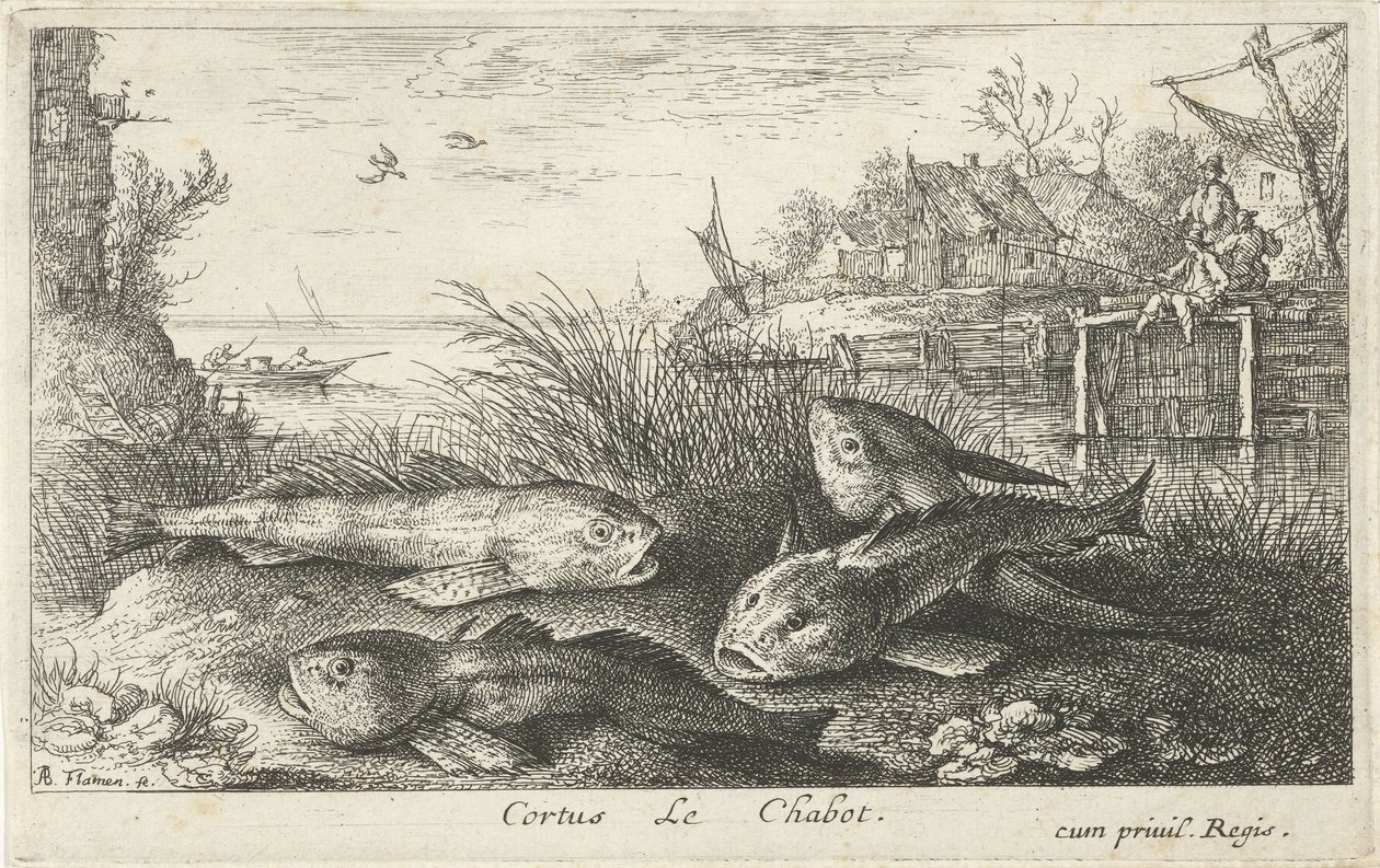 Neljä pentua joen rannalla Cortus LeChabot. (otsikko esineessä) Kalat ja muut meren eläimet - makean veden toinen sarja (sarjan nimi) Seconde partie de Poissons d