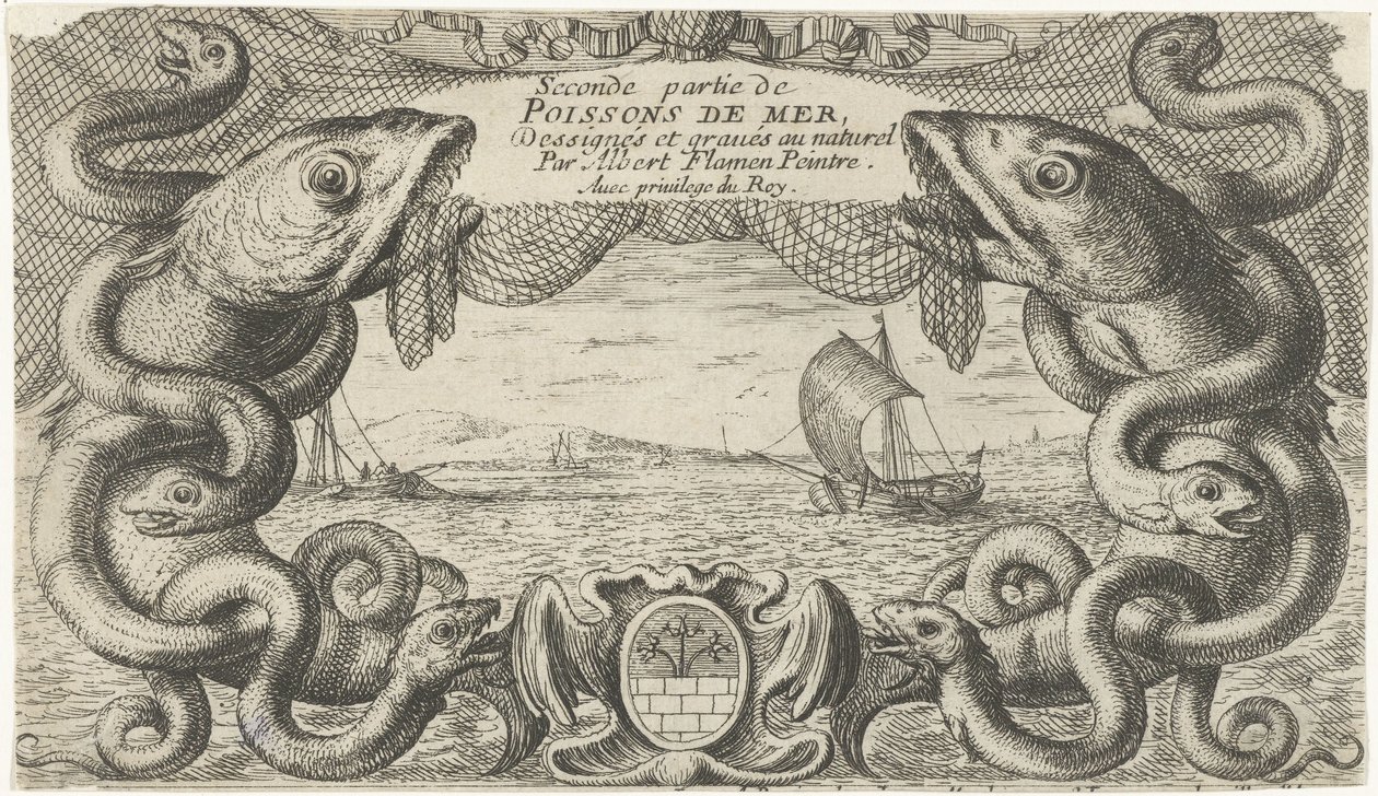 Merimaisema merieläinten ja kalaverkon reunalla Kalat ja muut meren eläimet - suolaisen veden toinen sarja (sarjan nimi) Poissons de mer (sarjan nimi esineellä) tekijältä Albert Flamen