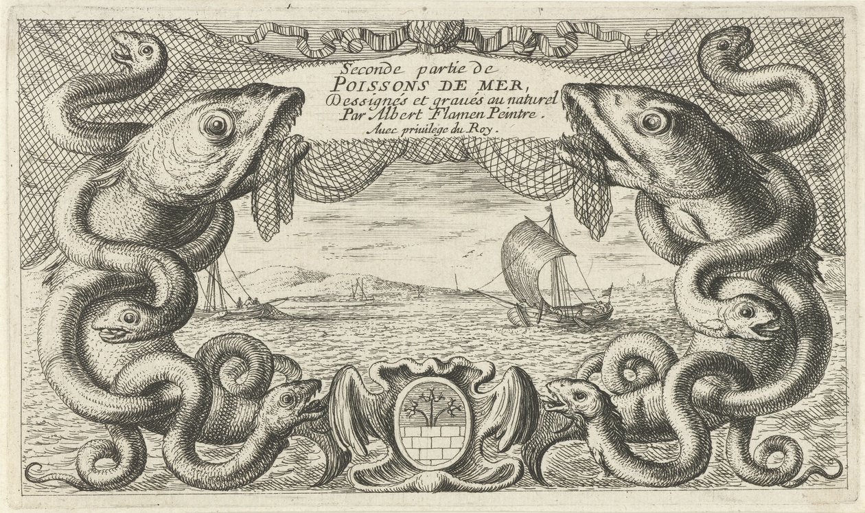 Merimaisema merieläinten ja kalaverkon reunalla Kalat ja muut meren eläimet - suolaisen veden toinen sarja (sarjan nimi) Poissons de mer (sarjan nimi esineellä) tekijältä Albert Flamen