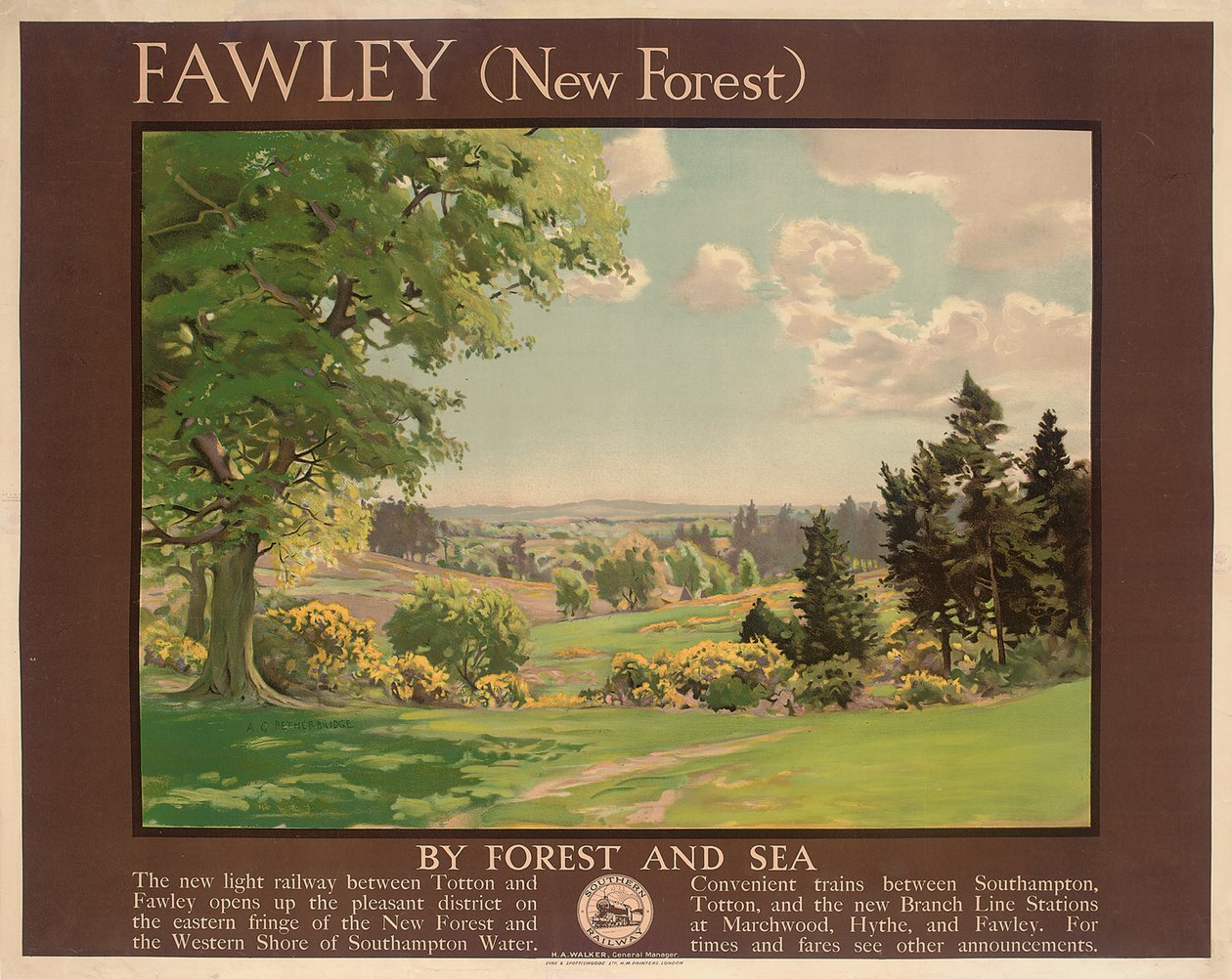 Fawley (New Forest), juliste, joka mainostaa eteläistä rautatietä (väri litho) tekijältä Albert George Petherbridge