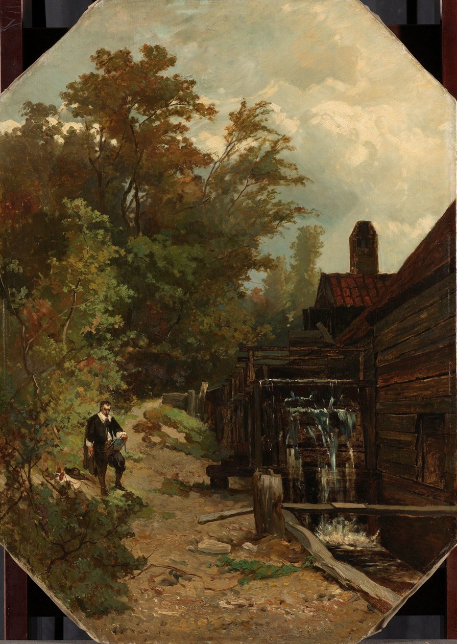 Jacob van Ruisdael luonnostelee vesimyllyä tekijältä Albert Gerard Bilders