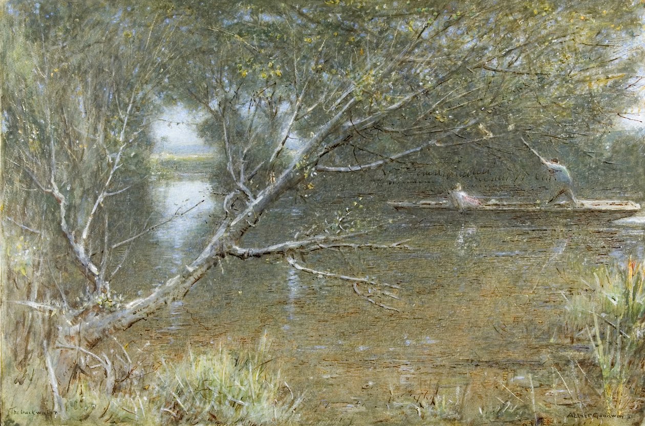 A Thames Backwater, n. 1860 - n. 1932 (akvarelli, vartaloväri, kynä ja muste paperille) tekijältä Albert Goodwin