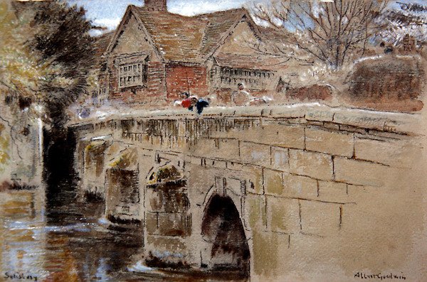 Crane Bridge, Salisbury (kynä ja muste vesivärillä ja vartalovärillä sävytetyllä paperilla) tekijältä Albert Goodwin