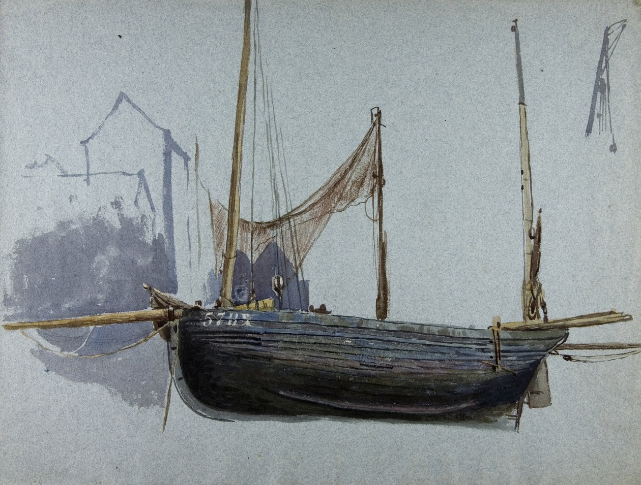 Kalastusvene 57BX (akvarelli ja vartaloväri sävytetylle paperille) tekijältä Albert Goodwin