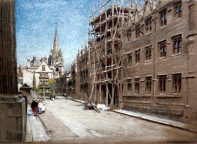 Oriel College, Oxford (akvarelli ja vartaloväri sävytetylle paperille) tekijältä Albert Goodwin