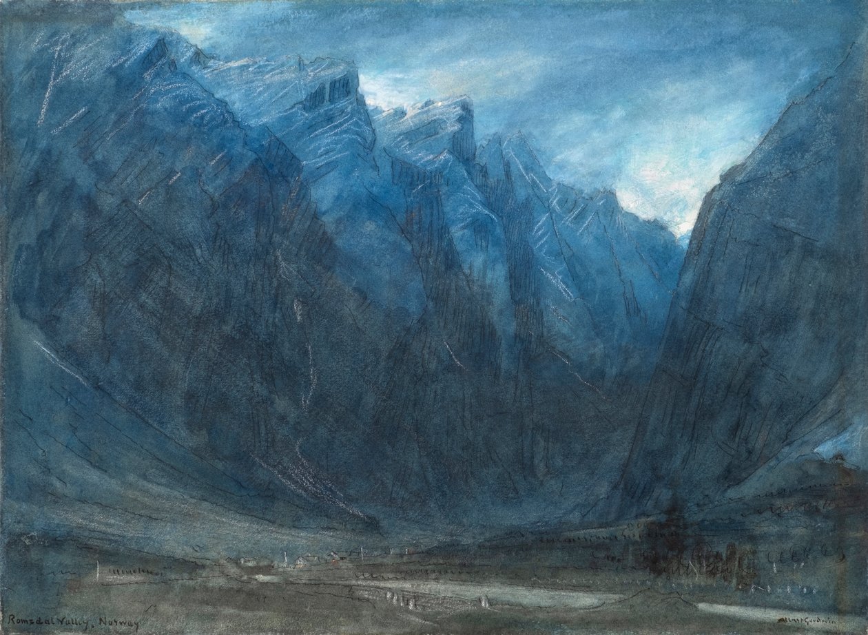 Romsdalin laakso, Norja (akvarelli, bodycolour, liitu ja muste) tekijältä Albert Goodwin