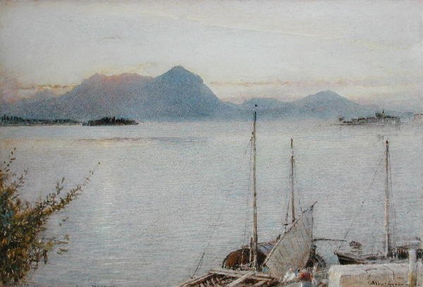 Auringonnousu Bavenosta, Maggiore-järvestä tekijältä Albert Goodwin