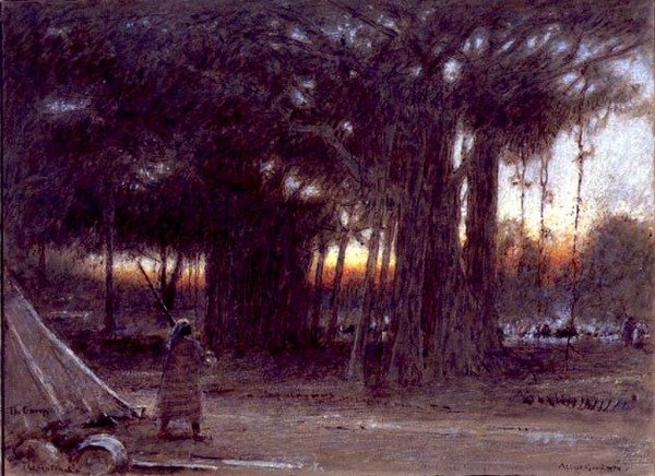 Banyan Trees and Sentinel (kynä ja muste, akvarelli ja guassi) tekijältä Albert Goodwin