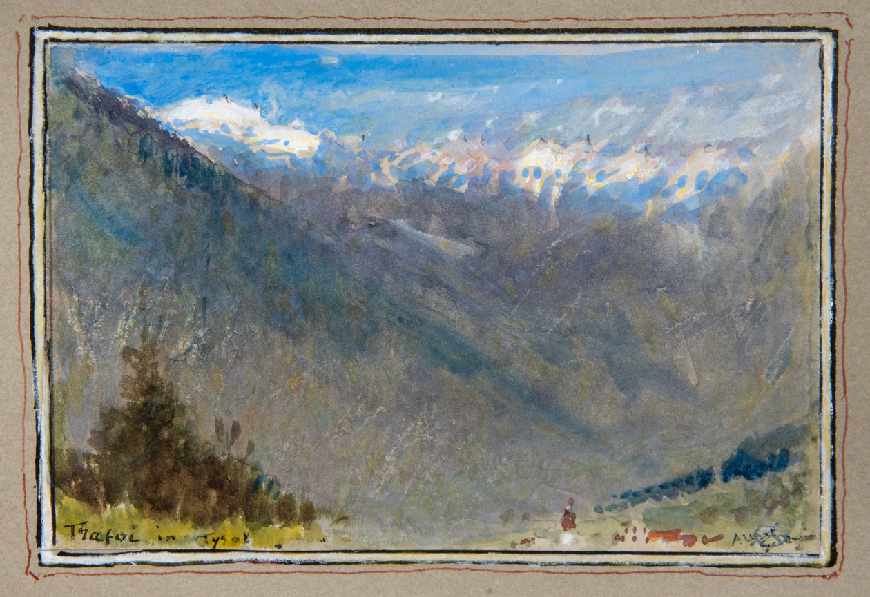 Trafoi Tirolissa (akvarelli, jossa on koristeellinen reunus). tekijältä Albert Goodwin