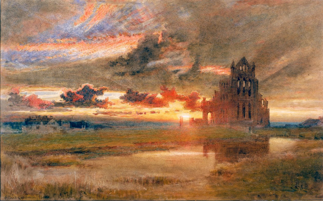 Whitby - The Abbey of St Hilda (lyijykynä ja akvarelli paperille (liimattu kortille)) tekijältä Albert Goodwin
