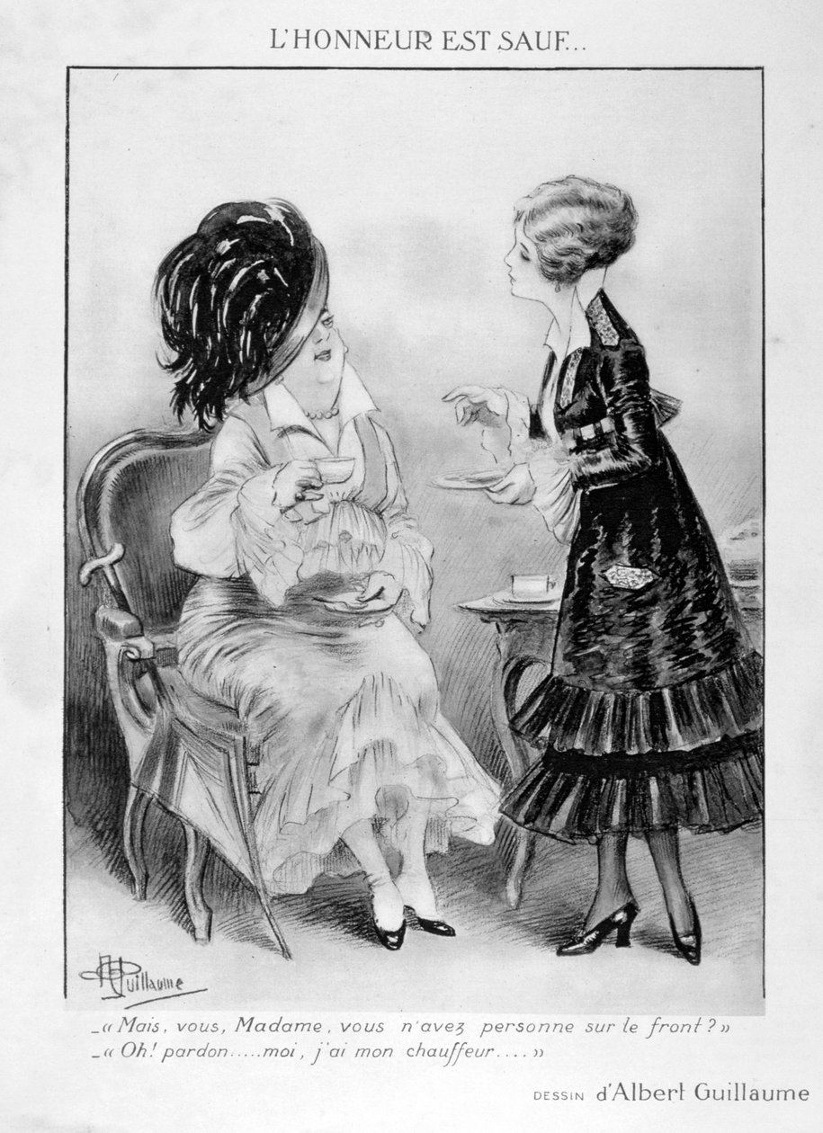Karikatyyri kahdesta porvarillisesta ranskalaisesta naisesta, Ensimmäinen maailmansota, 1915 tekijältä Albert Guillaume