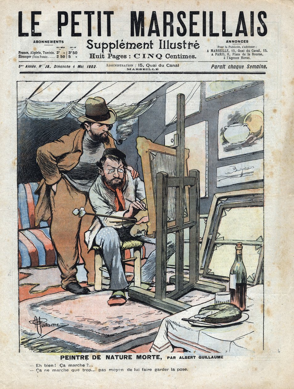 Ullakkomaalari maalaa asetelmia, viinipullo ja mallina käytetty kakku eivät pysy paikallaan. Albert Guillaumen (1873-1942) kuvitus teoksesta "" Le petit Marseillais"" 5.4.1902 tekijältä Albert Guillaume