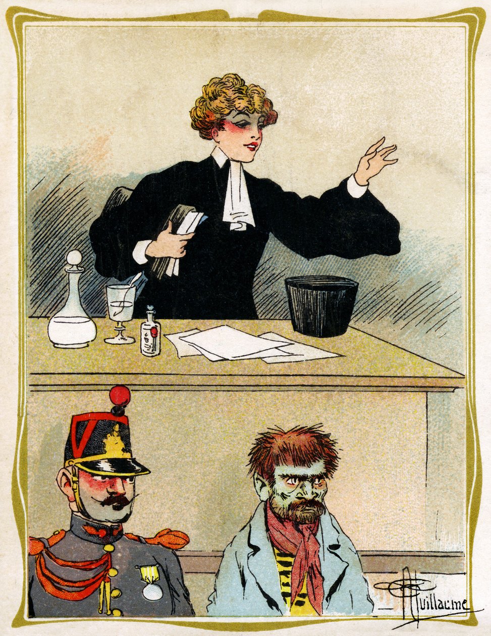 Naislakimies, jolla on kauniit kasvot, rukoilee ja puolustaa asiakastaan, näyttää kärsivälliseltä. Mainonta, kaiverrus 1902-1903 tekijältä Albert Guillaume