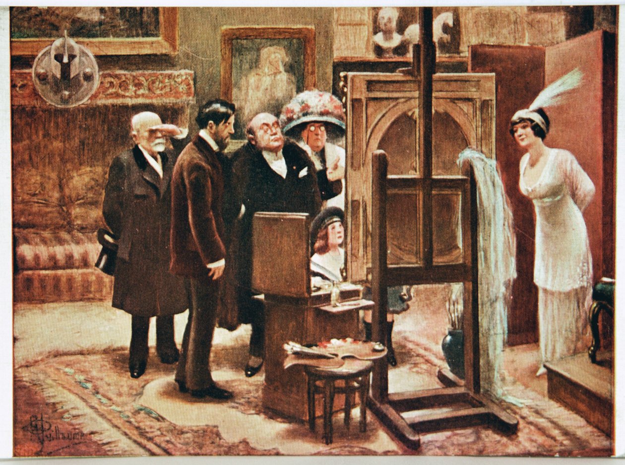 Taide. Kuvataide. Taidemaalari esittelee luomuksiaan. Postikortti, Alfred Guillaume, Ranska, n. 1920 (postikortti) tekijältä Albert Guillaume